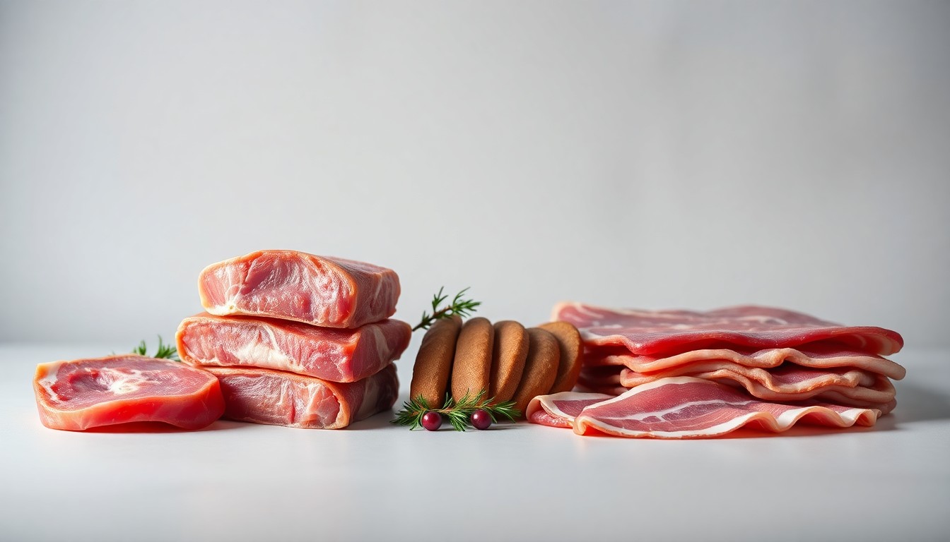 A high-end, photorealistic studio still-life photograph featuring a stack of premium pork chops, pork loin, and bacon slices arranged elegantly on a clean, monochromatic seamless background, conceptually representing the abstract corporate strategy and market forces impacting the pork industry.