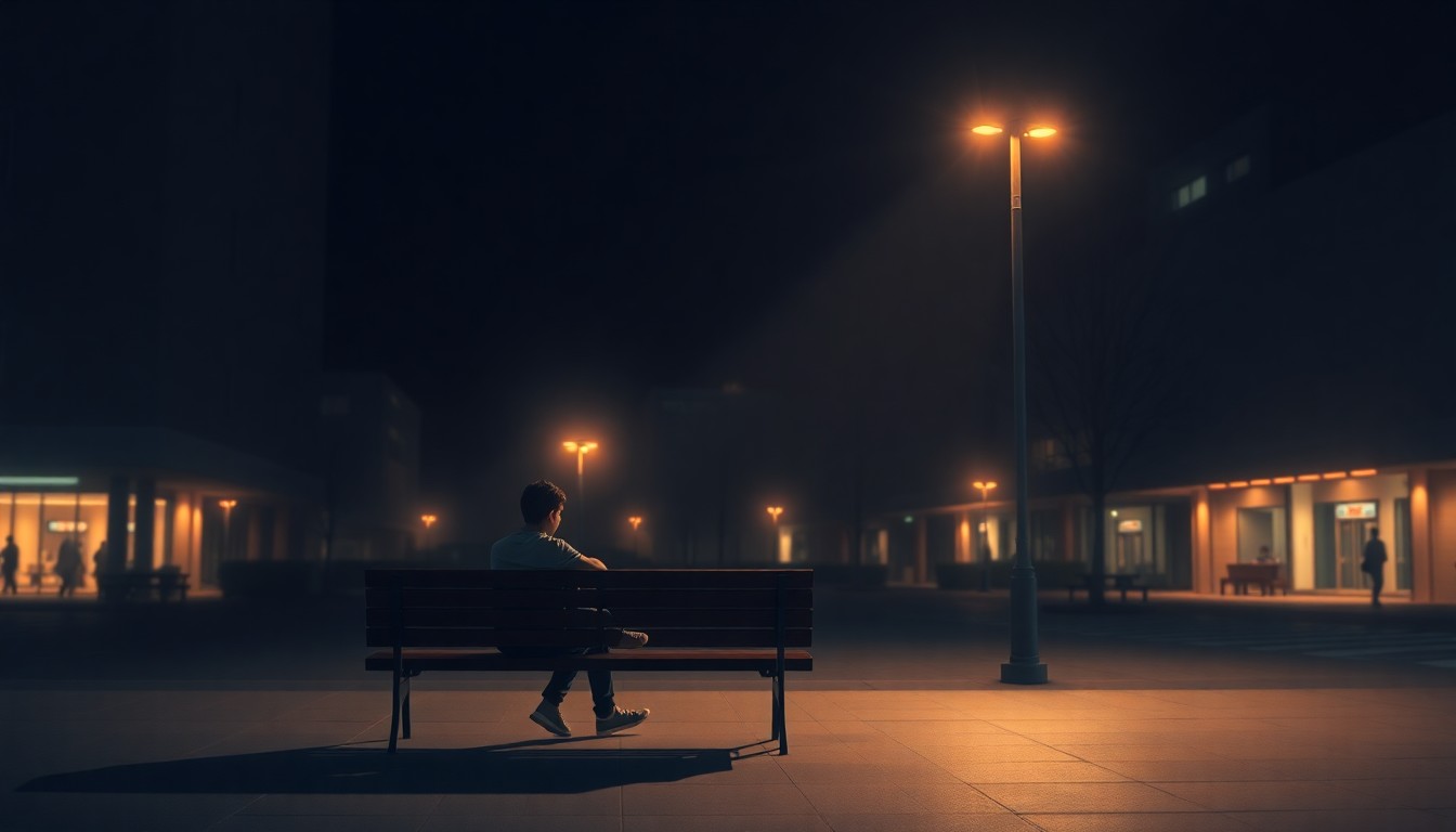 A solitary college-aged person sitting alone on a bench in a dimly lit urban plaza, the scene bathed in warm, cinematic lighting and deep shadows that evoke a sense of contemplation and detachment.