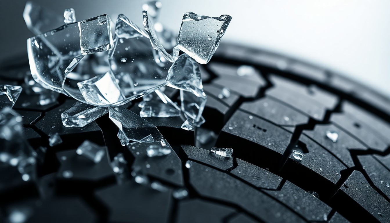 An abstract close-up image featuring shattered glass and cracked rubber tire tread, captured in dramatic high-contrast studio lighting to convey a sense of damage and tension without depicting any specific objects or people.