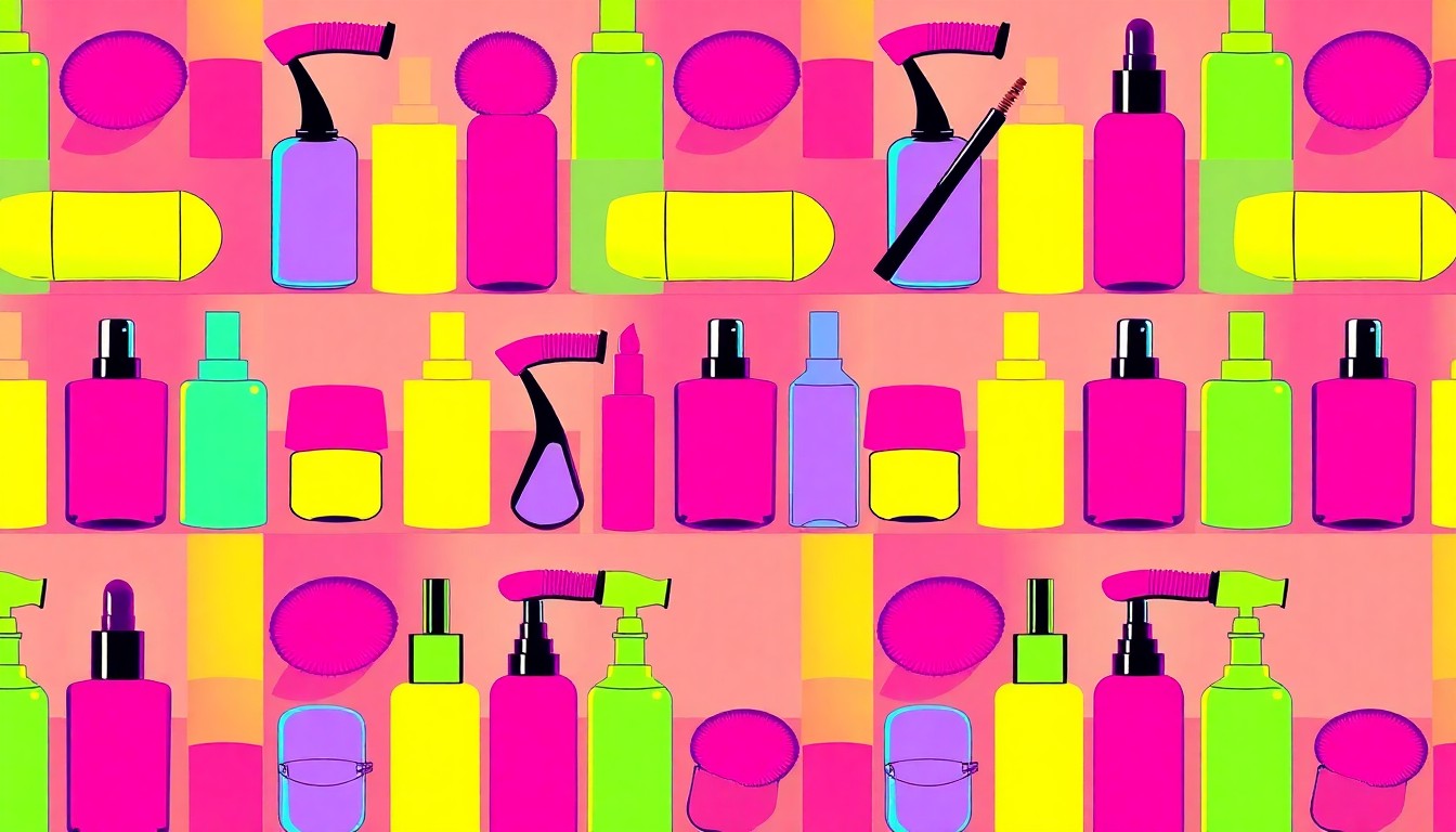 A brightly colored, high-contrast silkscreen print of a makeup brush repeated in a tight grid pattern, using vibrant neon colors and heavy black outlines to turn the everyday beauty item into modern pop art.