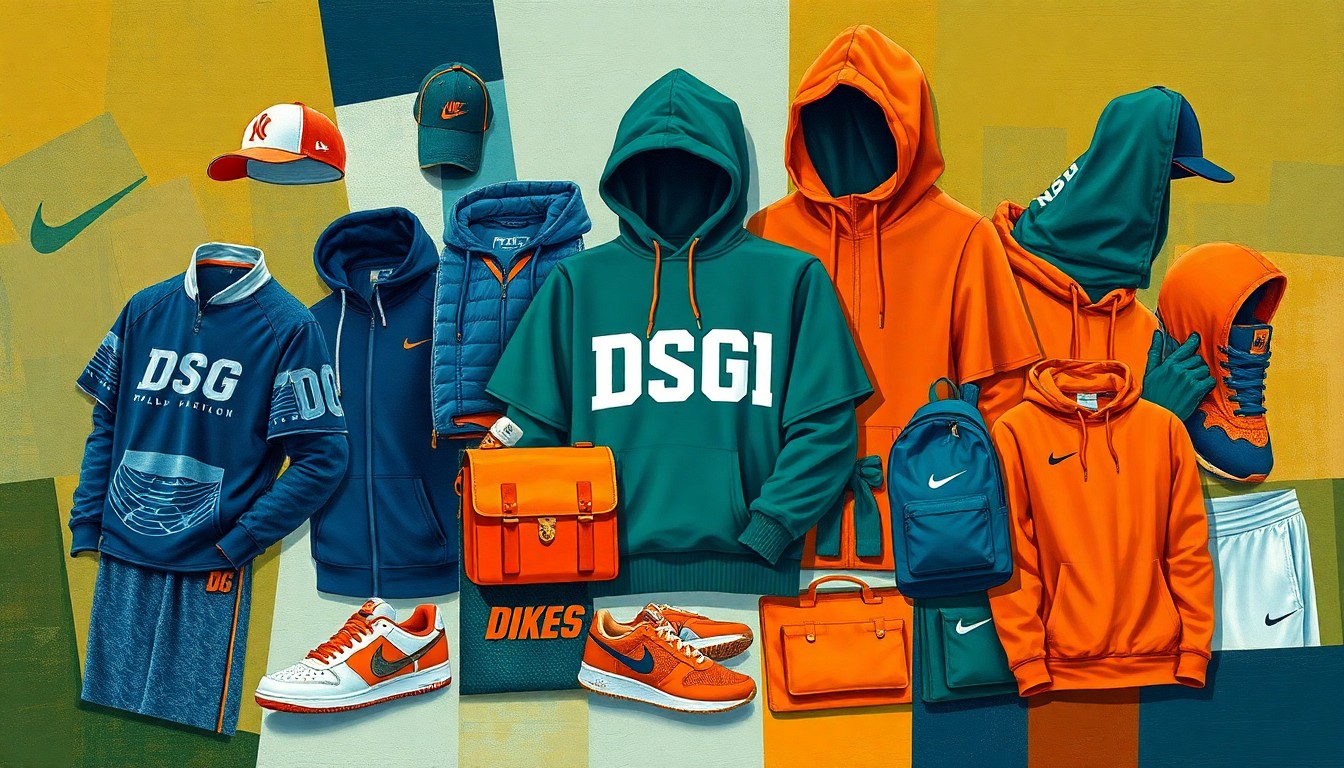A cubist-style painting depicting various athletic apparel items from the DSG brand, including a quarter-zip top, workout shorts, and running shoes, broken down into sharp, overlapping geometric shapes in a vibrant color palette.