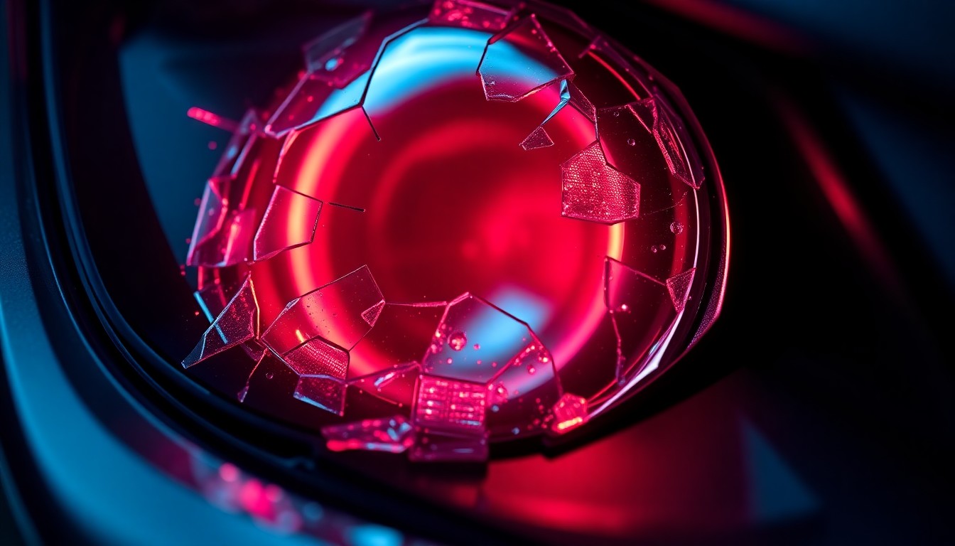 An extreme close-up of a shattered car sensor lens reflecting a faint red light, conceptually illustrating the vandalism of self-driving cars.