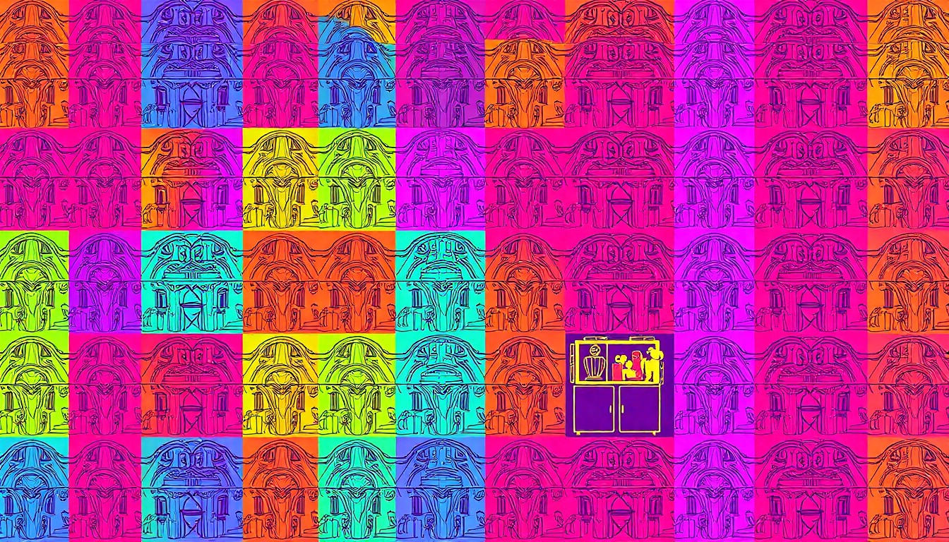 A high-contrast silkscreen print in neon colors depicting an iconic Atlanta festival object, such as a parade float or food vendor cart, repeated in a grid pattern to capture the lively street culture of the Inman Park neighborhood.