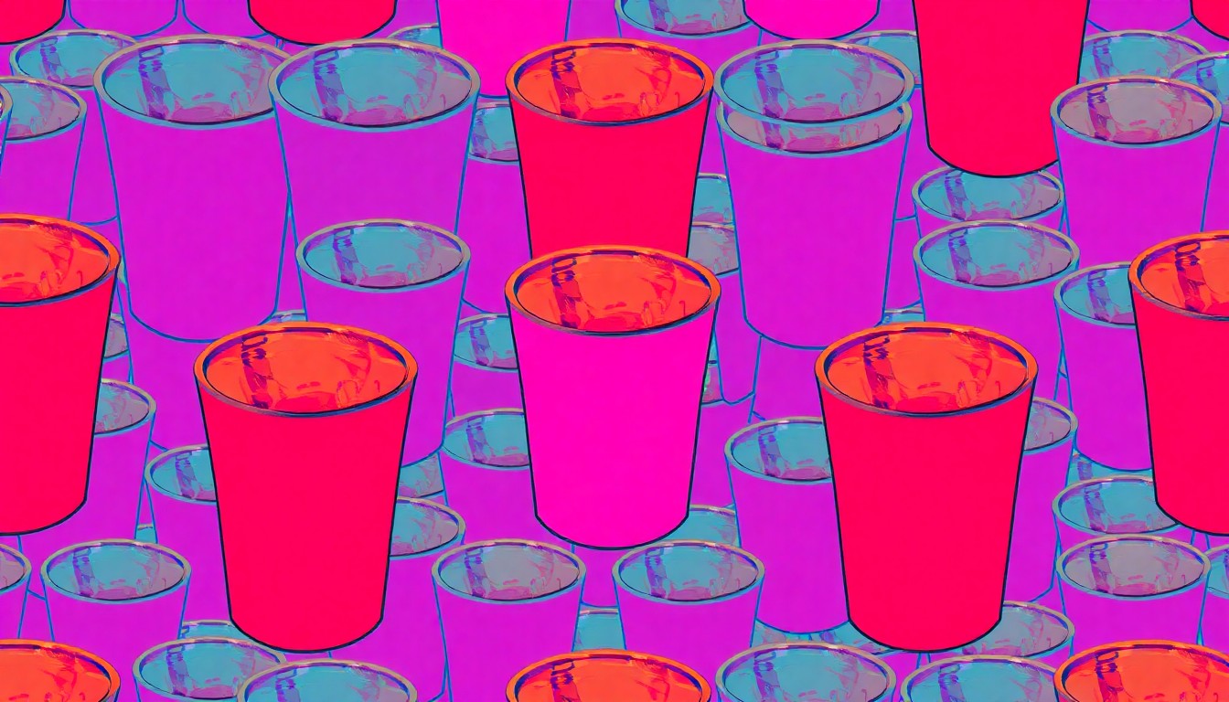 A brightly colored, high-contrast silkscreen print of a single, iconic open container, such as a plastic cup or beer bottle, repeated in a tight grid pattern in the style of Andy Warhol. The image utilizes flat, vibrant, and unnatural neon color palettes overlapping with heavy black photographic outlines to turn an everyday lifestyle object into modern pop art, completely avoiding text or readable labels.