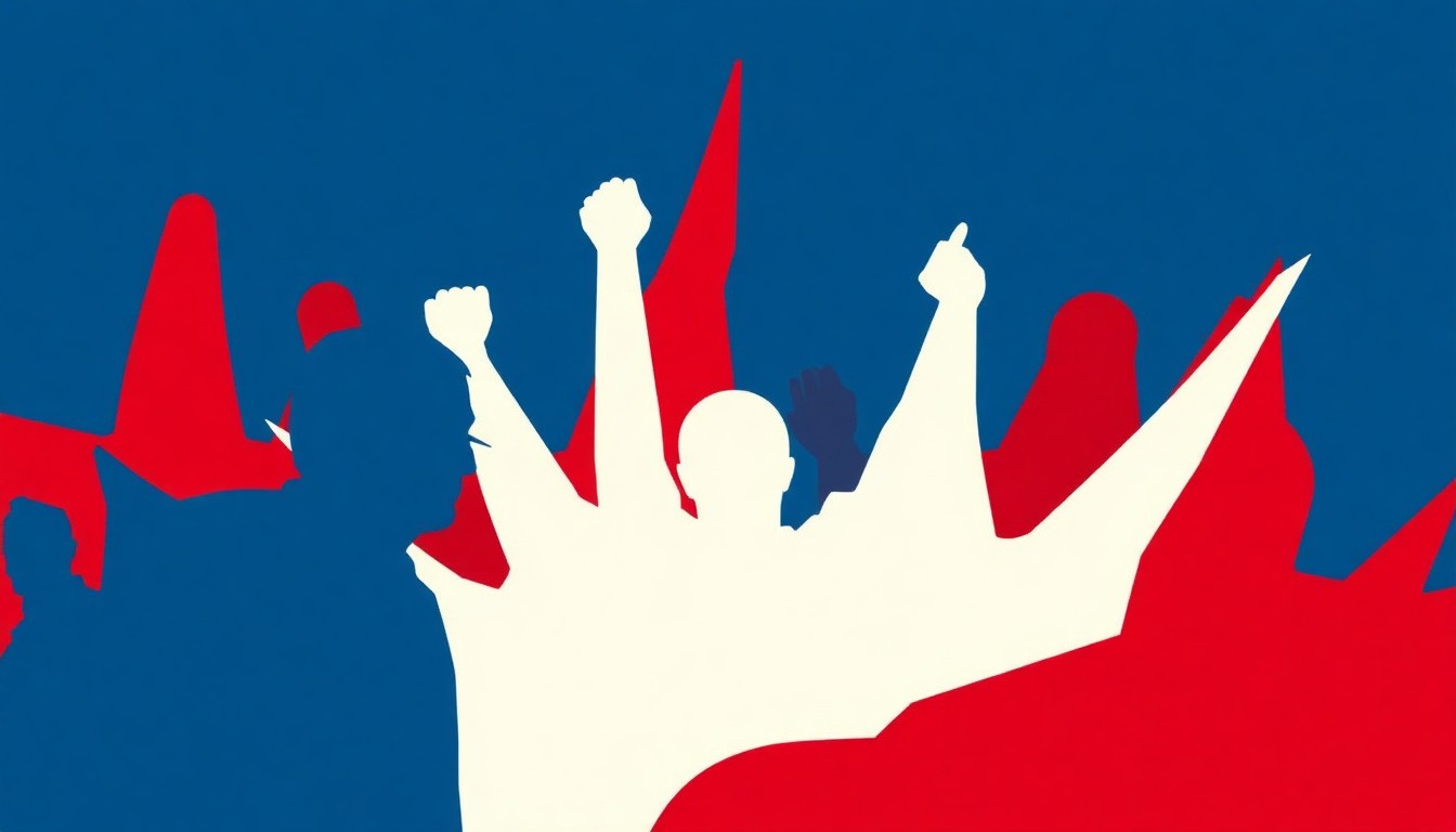 A dynamic, abstract illustration featuring overlapping geometric shapes in the colors of the American flag, conveying the celebratory spirit of a national anniversary event.