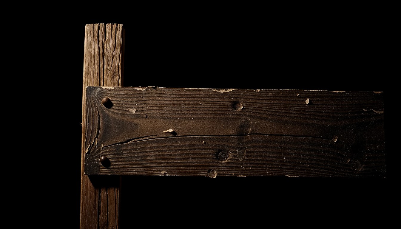 An extreme close-up photograph of a weathered wooden sign post, the harsh flash lighting creating a stark, gritty aesthetic that conceptually represents the investigative nature of this property rights dispute.