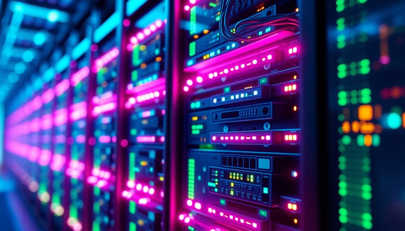 A highly detailed, glowing 3D illustration of a complex blockchain node or data center server rack, with neon cyan and magenta lights highlighting the intricate digital hardware and infrastructure, conceptually representing the advanced technology powering the future of decentralized prediction markets.