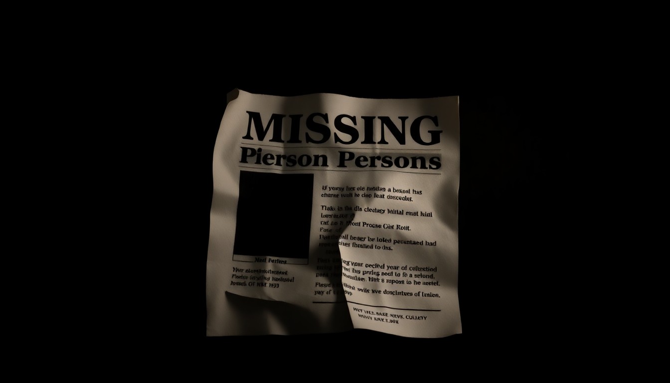 An extreme close-up photograph of a crumpled missing persons flyer, the harsh flash and dark background creating a stark, gritty visual that conceptually represents the investigation into a missing person case.