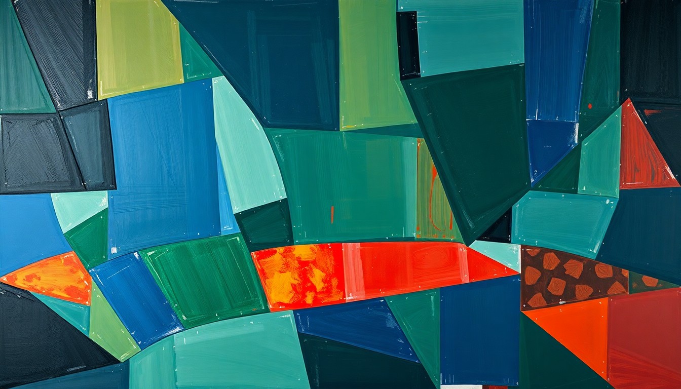 A cubist, geometric painting depicting a fragmented basketball court scene with overlapping shapes and planes in navy, green, and red, conceptually representing the challenges the Hawks face without their starting center.