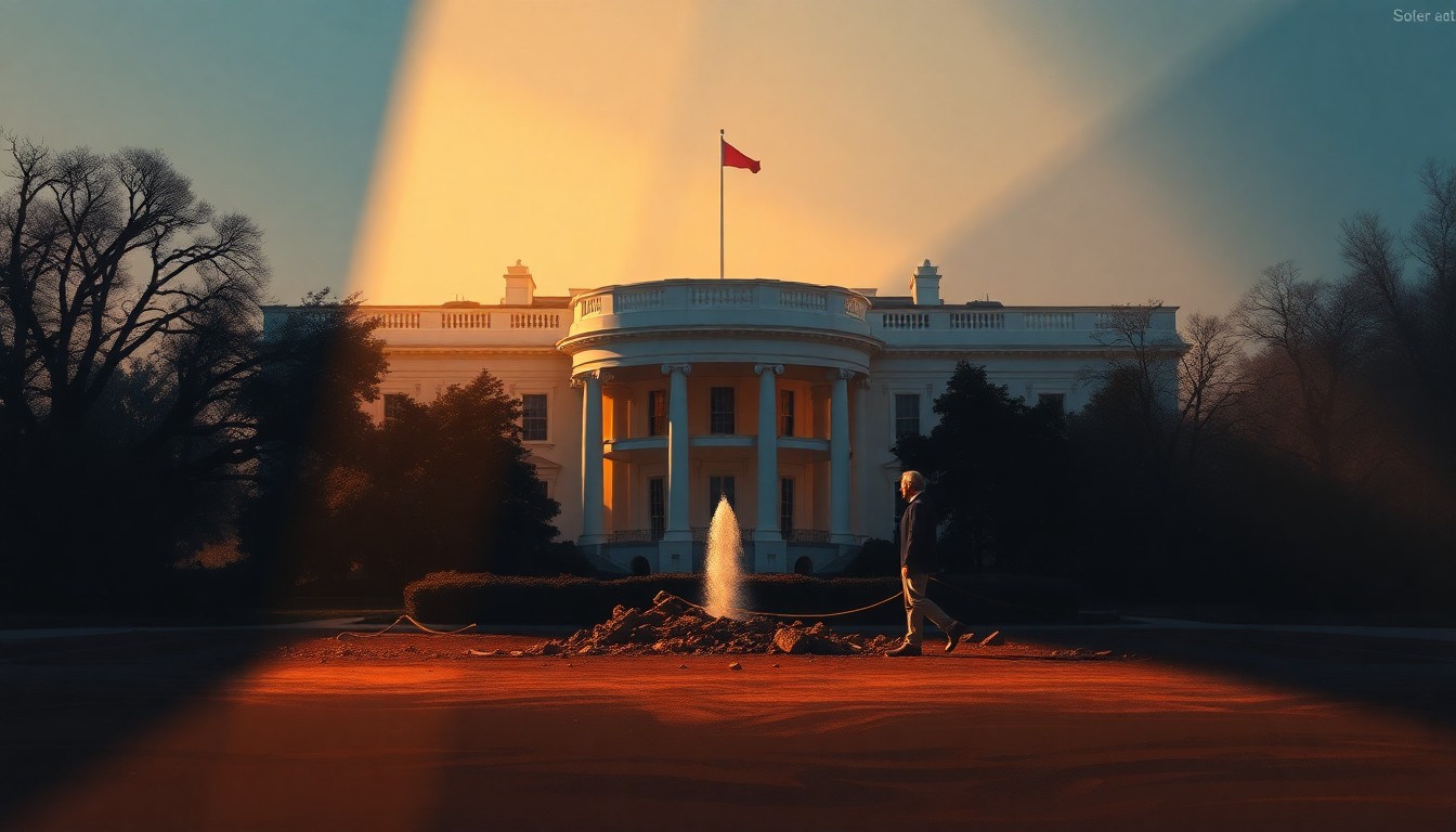 A serene, photorealistic painting of the White House in warm, golden light, with the demolished East Wing site in the foreground, conveying a sense of political tension and uncertainty.