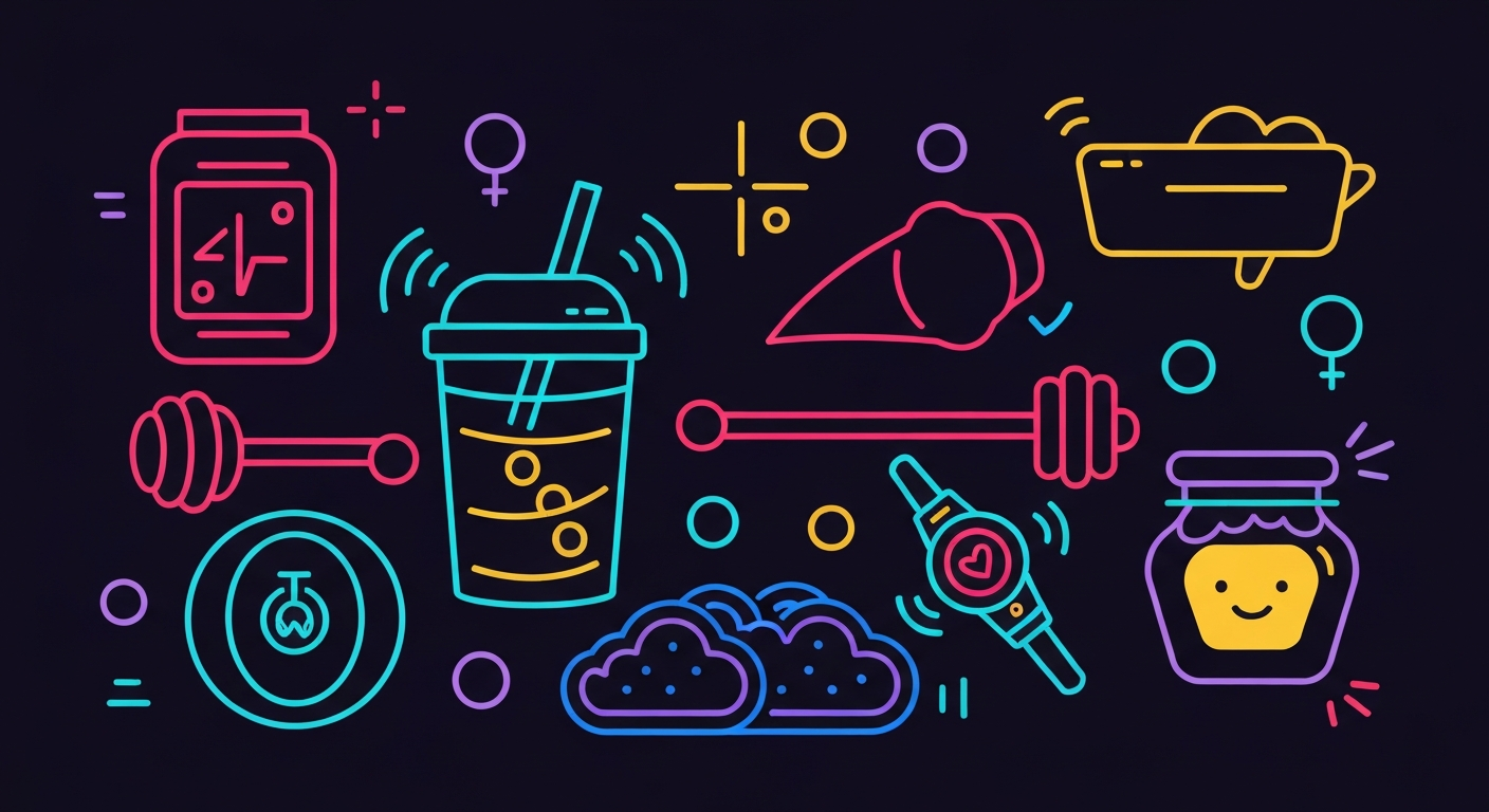 A minimalist illustration featuring glowing neon outlines of various health-related objects, such as a protein shake, a honey jar, and a fitness tracker, against a dark background, conceptually representing the diverse range of nutrition and wellness products highlighted in the story.