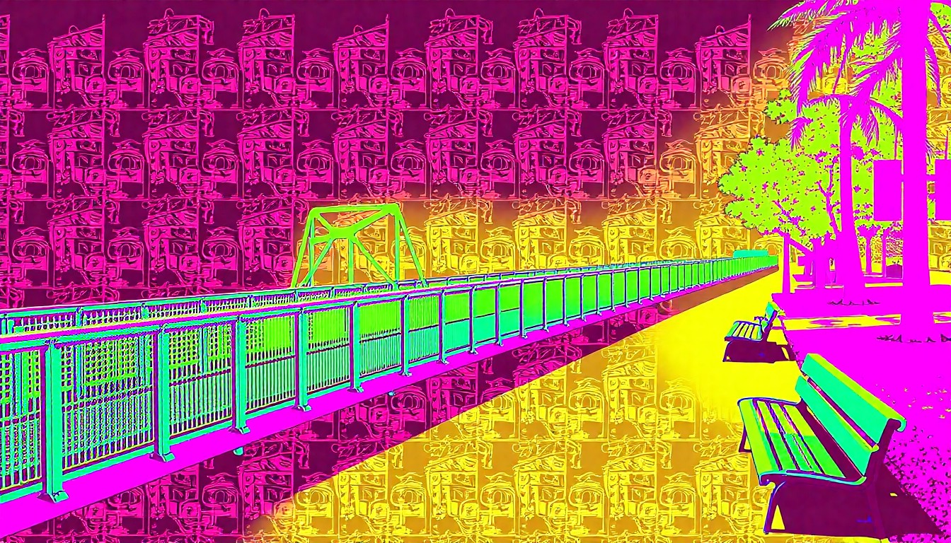 A high-contrast, silkscreen-style illustration featuring a repeated image of a Tampa Riverwalk scene, such as a pedestrian bridge or riverfront park bench, rendered in a bold, neon color palette that evokes the modern, pop art aesthetic.