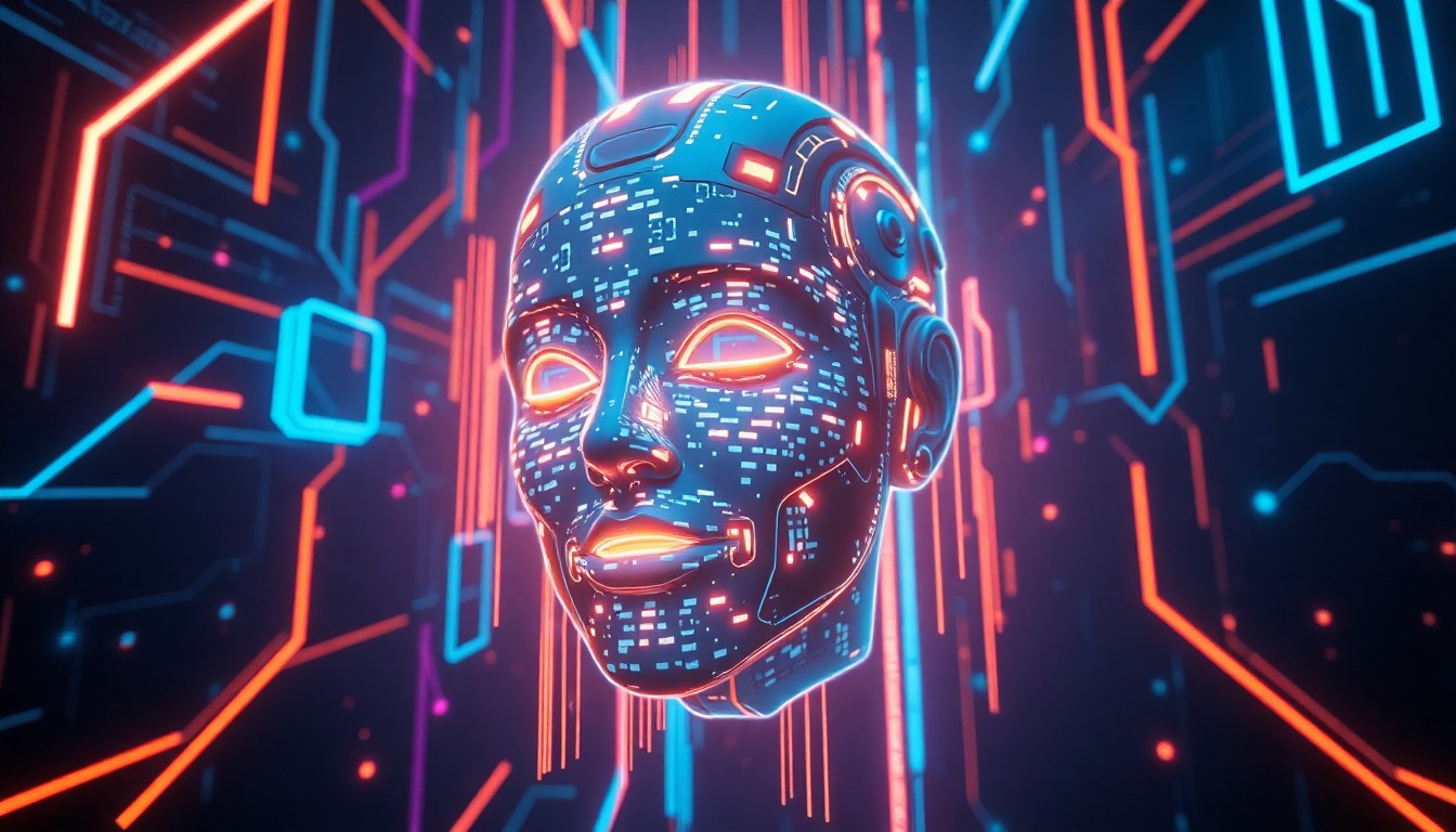 A highly detailed, glowing 3D illustration of a disembodied AI-generated face with distorted, pixelated features, floating in a dark, cyberpunk-inspired environment filled with neon-lit data streams and abstract geometric shapes, conceptually representing the dangers of AI-powered harassment and privacy violations in schools.