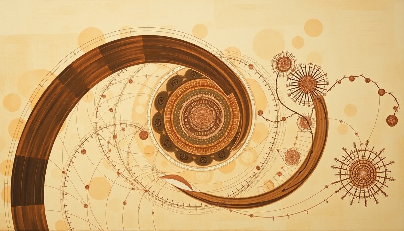 A highly abstract, geometric painting in muted earth tones, featuring sweeping arcs, concentric circles, and precise botanical spirals, conceptually representing the complex genetic and cellular processes underlying neurodegenerative diseases.