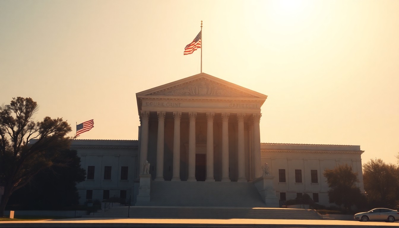 A quiet, cinematic painting of the Supreme Court building in warm, golden sunlight, with deep shadows and the American flag waving gently, conveying a sense of solemnity and unease.