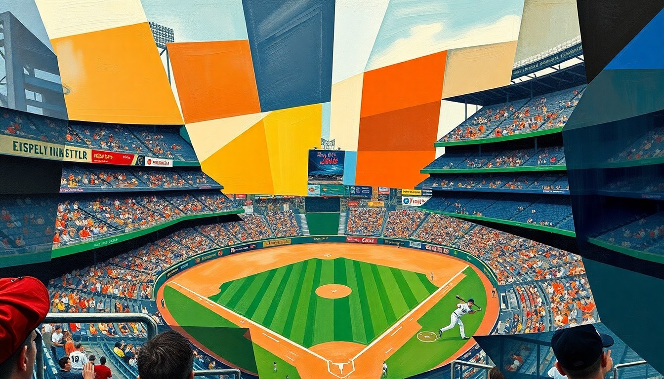 A cubist-style painting depicting a baseball game or match, with the players and field broken down into sharp, overlapping geometric shapes and planes in a vibrant color palette, conveying the dynamic energy and strategic complexity of the sport.