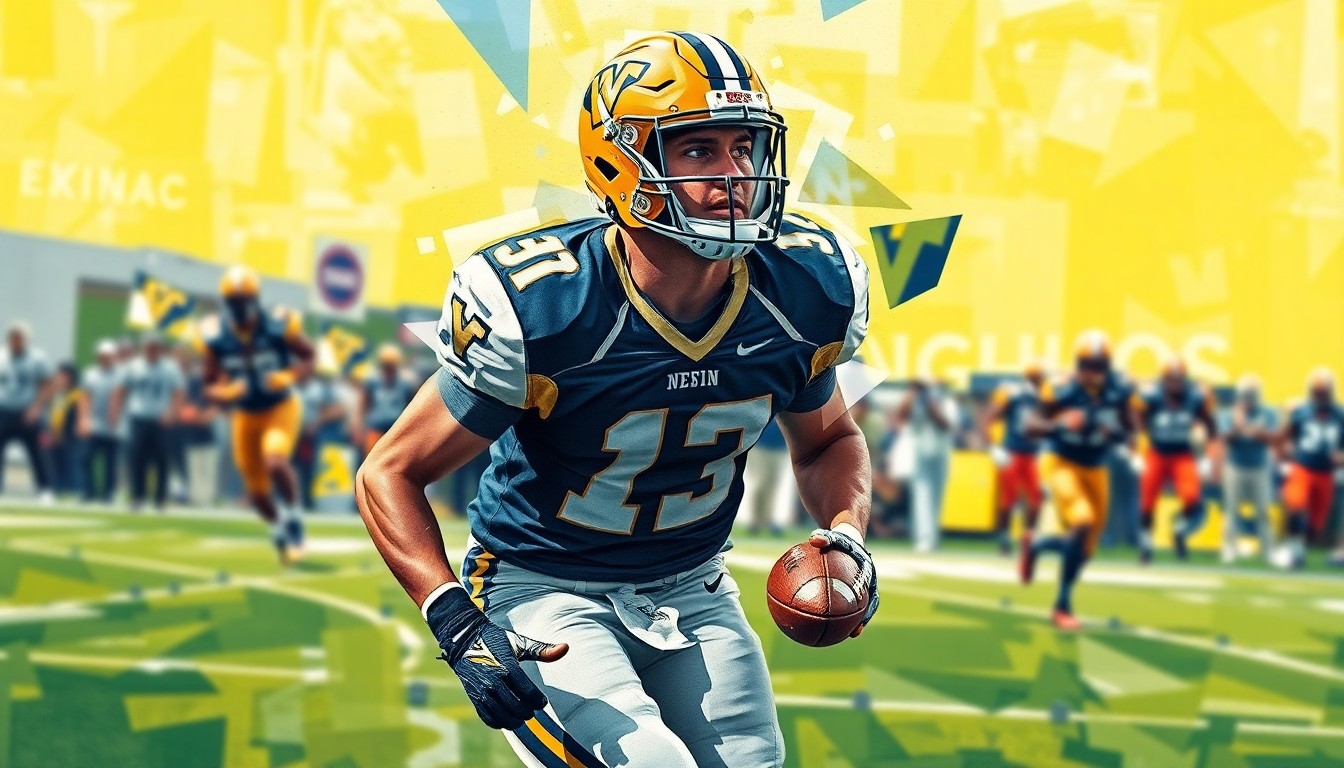 A fragmented, geometric painting depicting a Vanderbilt football player in action, with the player's uniform and equipment broken down into abstract shapes and planes of color.