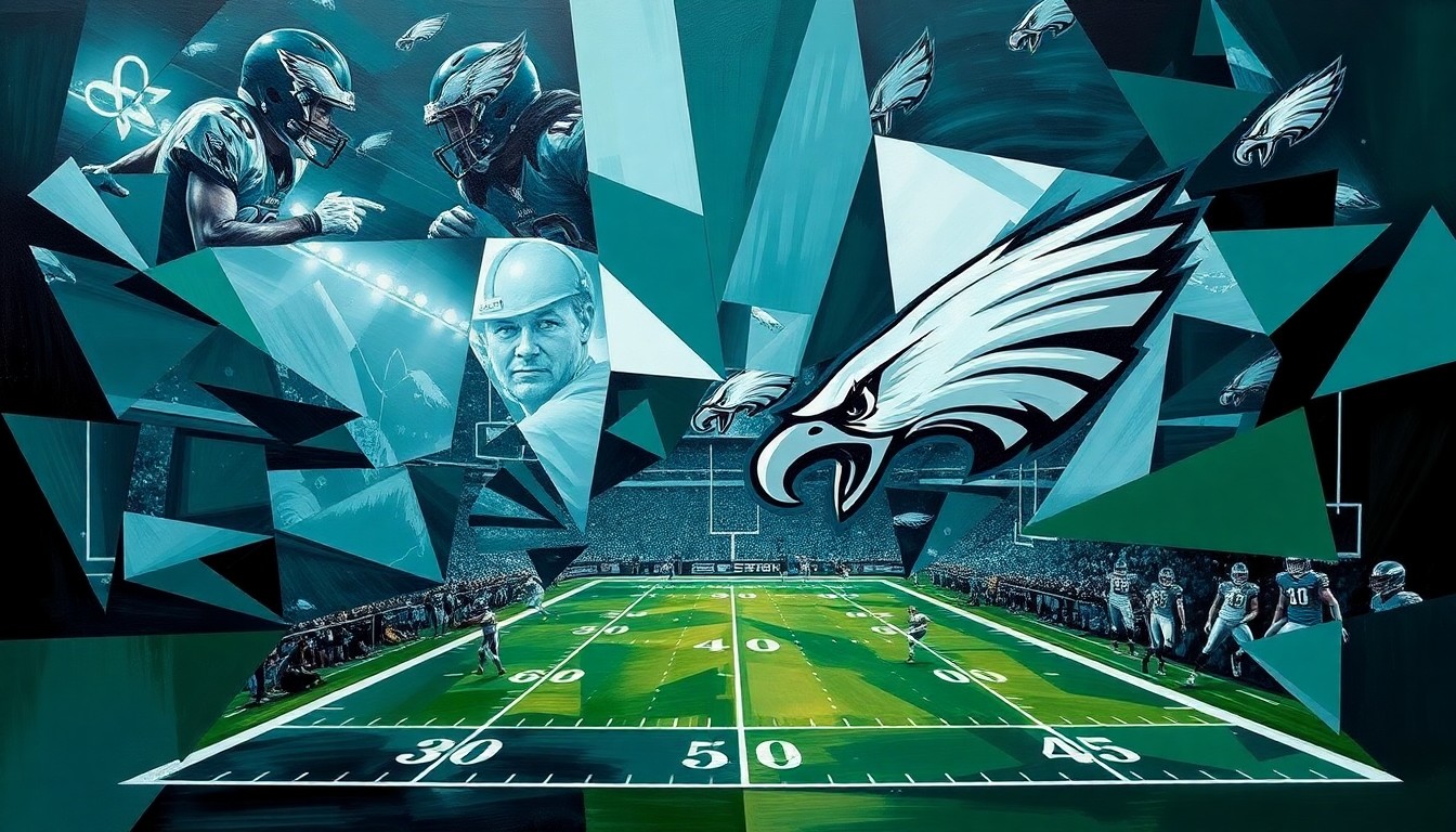 A fragmented, geometric painting depicting an American football game, with sharp planes of green, silver, and black representing the Philadelphia Eagles' offensive line and players in motion, conveying the team's need to address other positions of need beyond the offensive trenches.