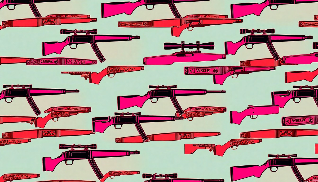 A brightly colored, high-contrast silkscreen print of a hunting rifle or other outdoor recreation equipment repeated in a tight grid pattern, capturing the celebratory and pop art-inspired spirit of the volunteer recognition event.