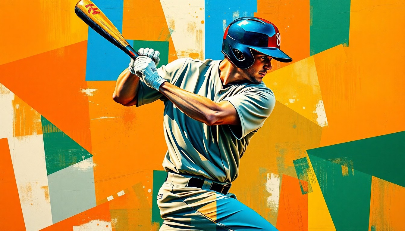 A cubist, geometric painting depicting a baseball player's batting motion broken down into overlapping planes of vibrant colors, conceptually representing the complex underlying metrics behind the player's performance.