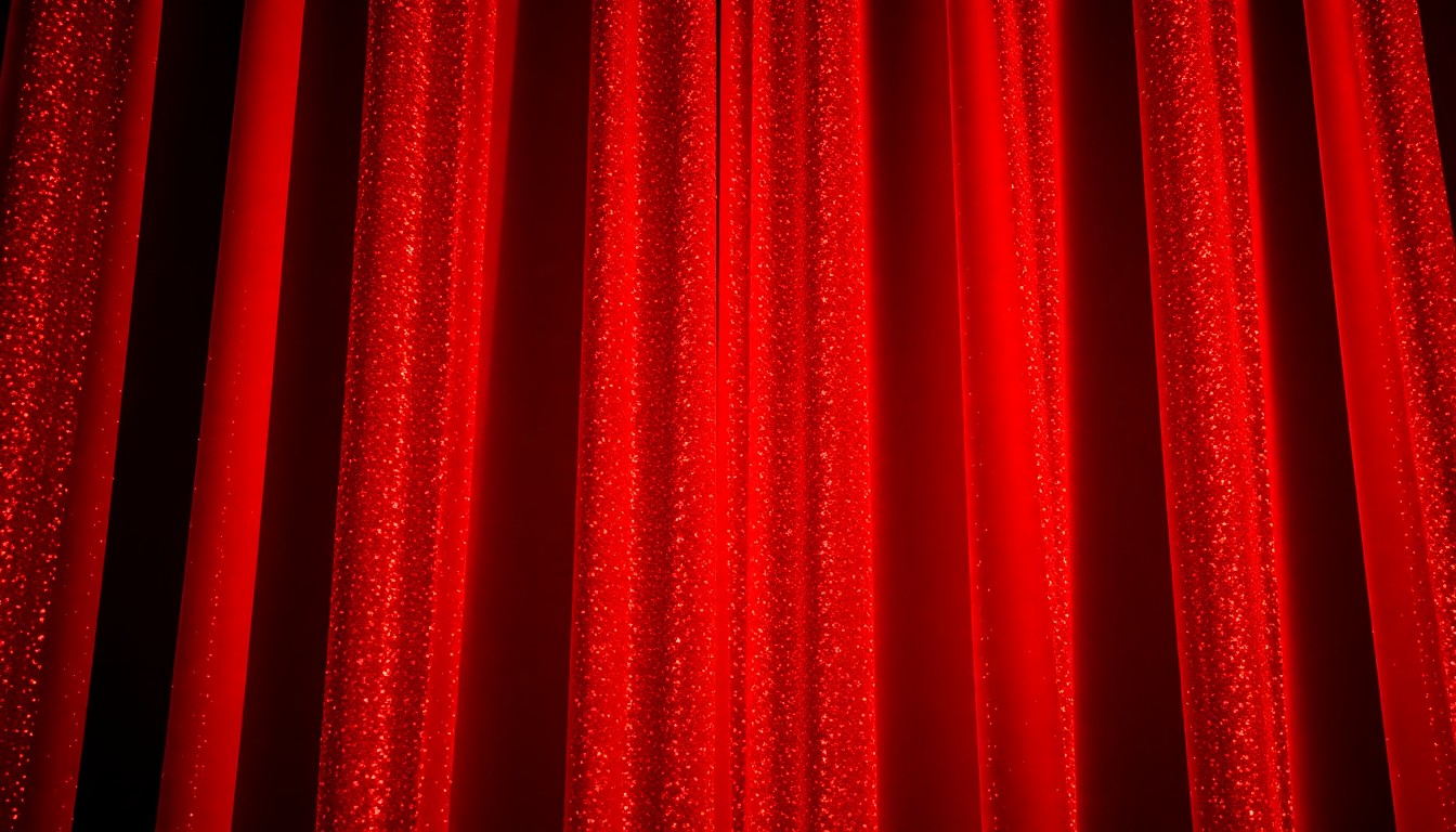 An abstract, high-contrast close-up photograph of ornate, glittering theater curtains in deep red and gold tones, capturing the glamorous, high-fashion aesthetic of the new Phantom Theater ride at Kings Island.
