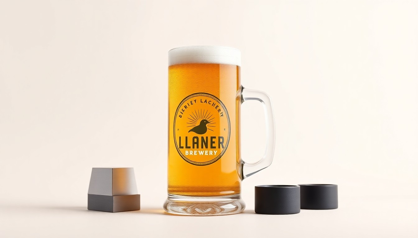 A photorealistic studio shot of a polished metal beer stein filled with a golden craft lager, set against a clean, monochromatic background and accompanied by simple geometric shapes made from premium materials, conceptually representing the brewery's focus on quality, affordability, and community.