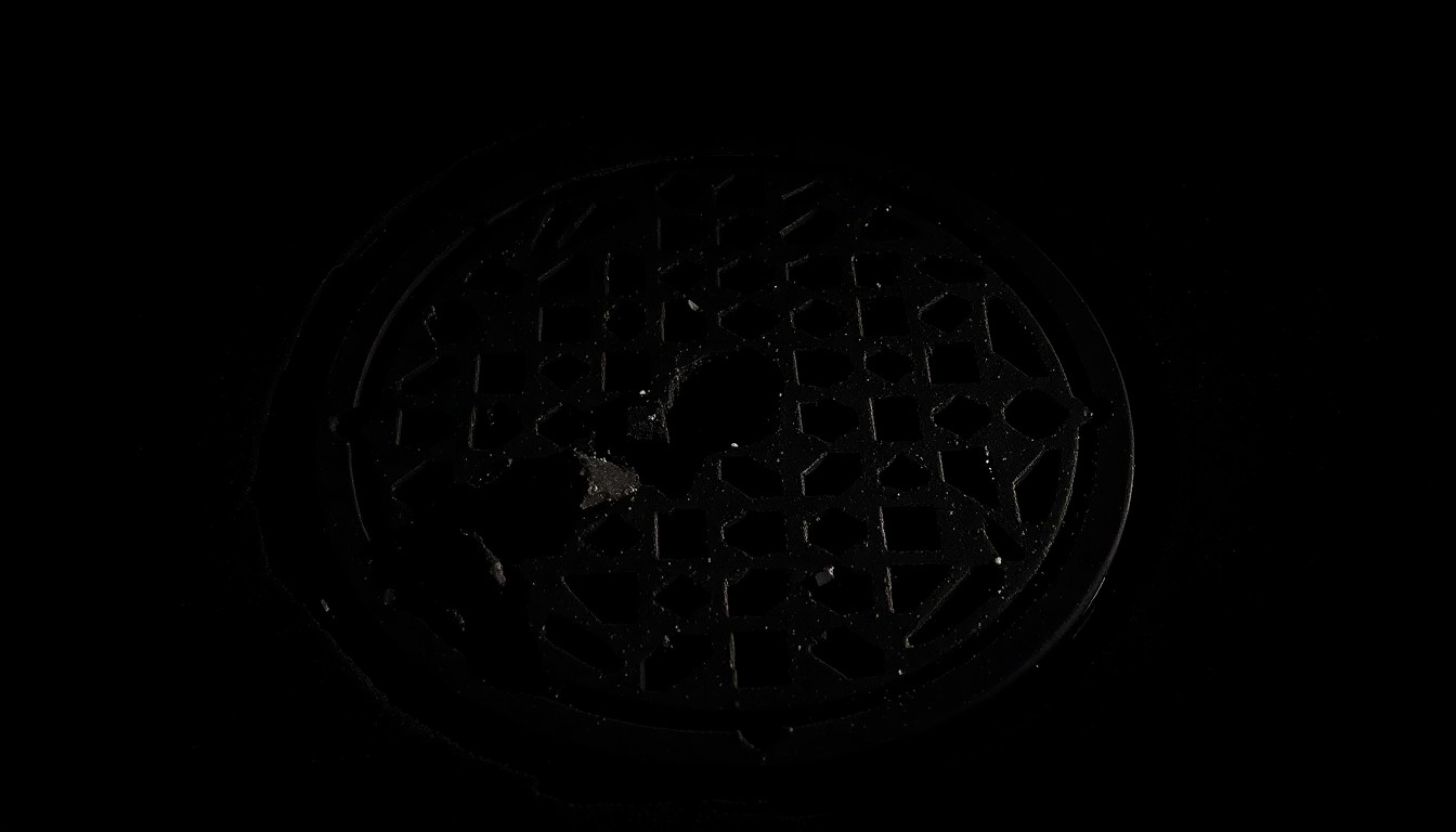 An extreme close-up photograph of a damaged sewer grate cover, capturing the harsh, gritty details of the metal surface under dramatic lighting to convey a sense of investigation and gravity around the fatal incident.