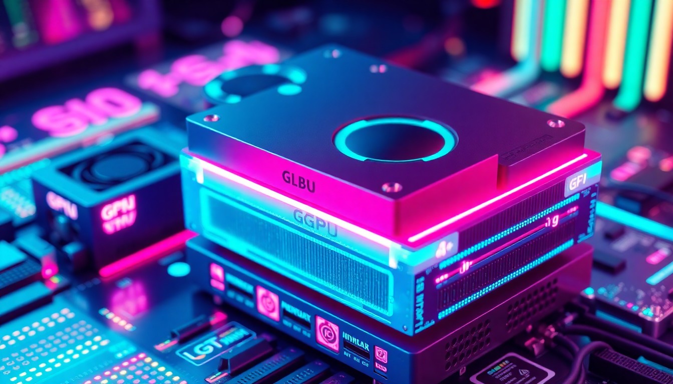 A highly detailed, glowing 3D illustration of a stack of powerful GPU hardware components in shades of neon cyan and magenta, conceptually representing the advanced computing power needed to run modern AI systems.
