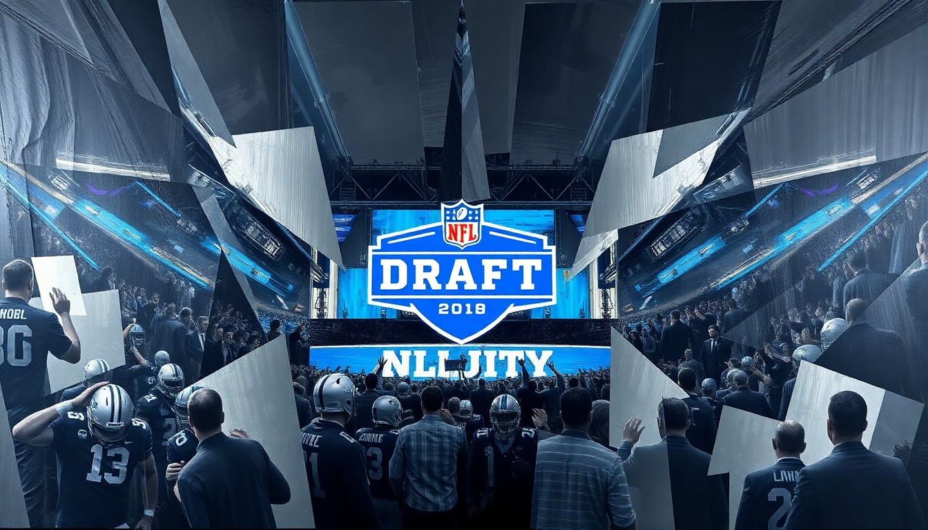 A cubist, geometric painting depicting an intense NFL Draft day scene, with overlapping planes of dark grey, metallic silver, and bright blue representing the high-energy and strategic decision-making happening behind the scenes.