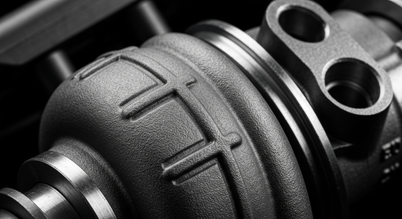 An extreme close-up of a diesel engine component, such as a fuel injector or turbocharger housing, with a highly textured, dramatic surface in shades of gray and silver, conveying the technical complexity of modern diesel systems.