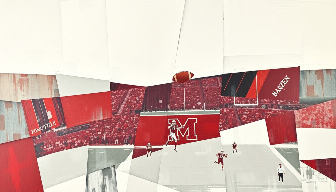 A fragmented, geometric painting depicting a Mississippi State football practice or game, with sharp planes of maroon, white, and gray overlapping to capture the sport's physicality and tactical nature.