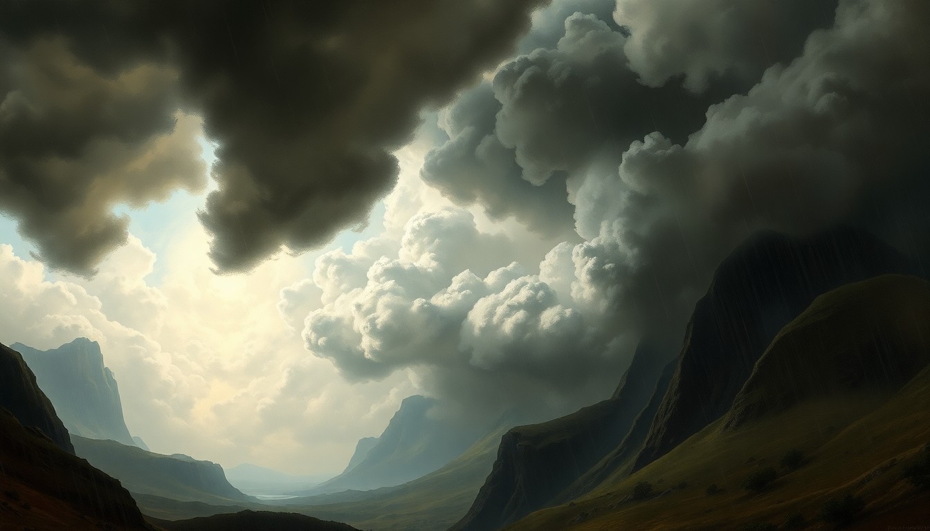 A sweeping, atmospheric landscape painting in muted tones of grey, blue, and green, depicting a violent storm with heavy rain, swirling clouds, and powerful winds dwarfing a small town in the distance.