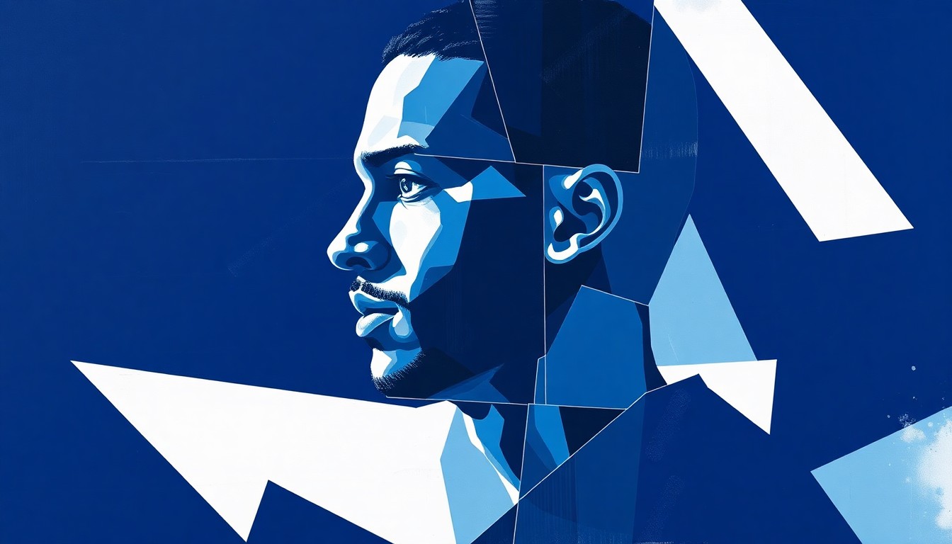 A fragmented, cubist-style illustration depicting the silhouette of a basketball player broken down into geometric shapes in shades of blue, conceptually representing the transfer of a highly-touted recruit from one program to another.