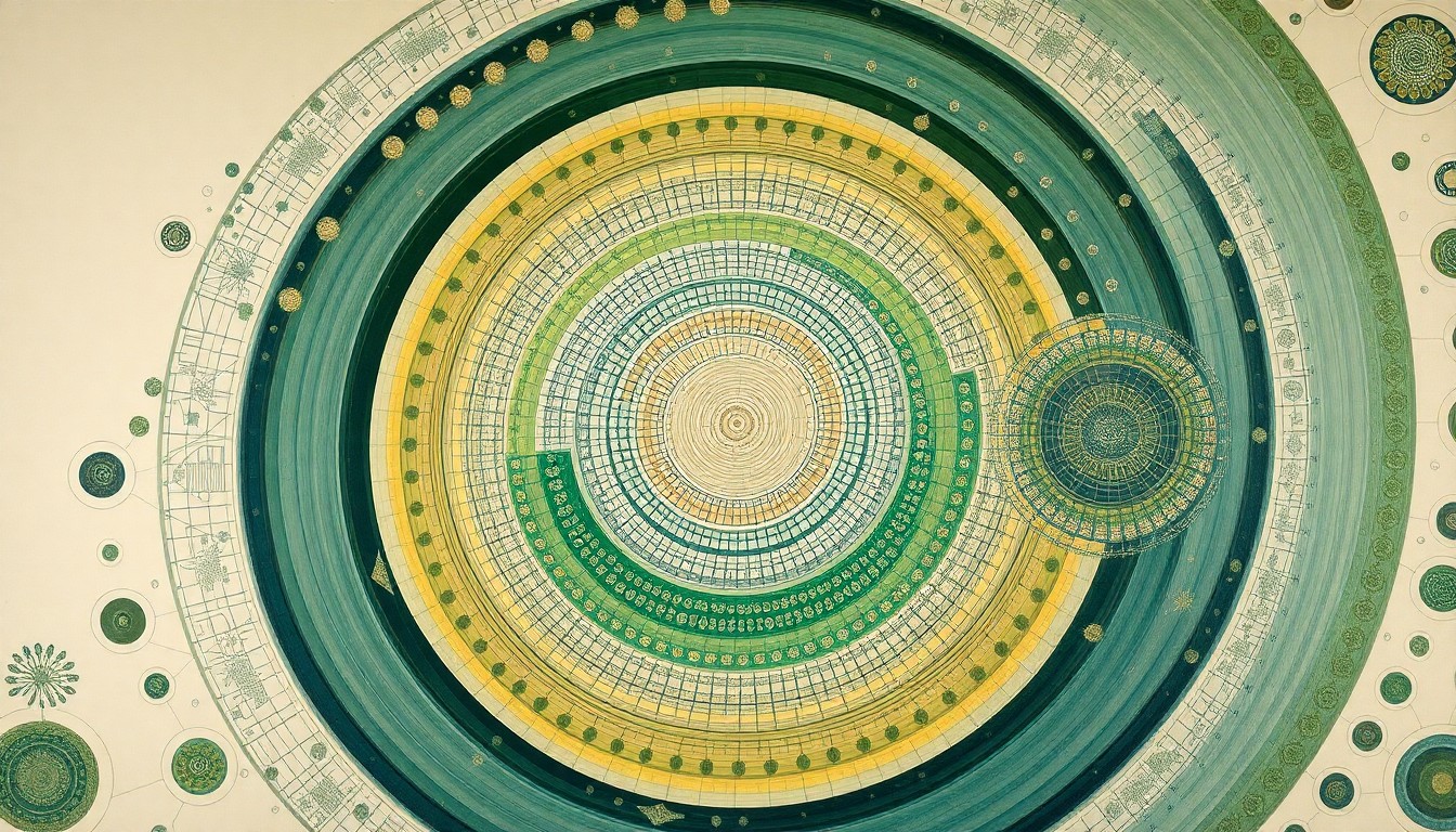 A highly textured, abstract painting in soft shades of green, blue, and brown, featuring sweeping geometric shapes and precise botanical spirals, conceptually representing the complex interconnected systems of a coastal ecosystem.