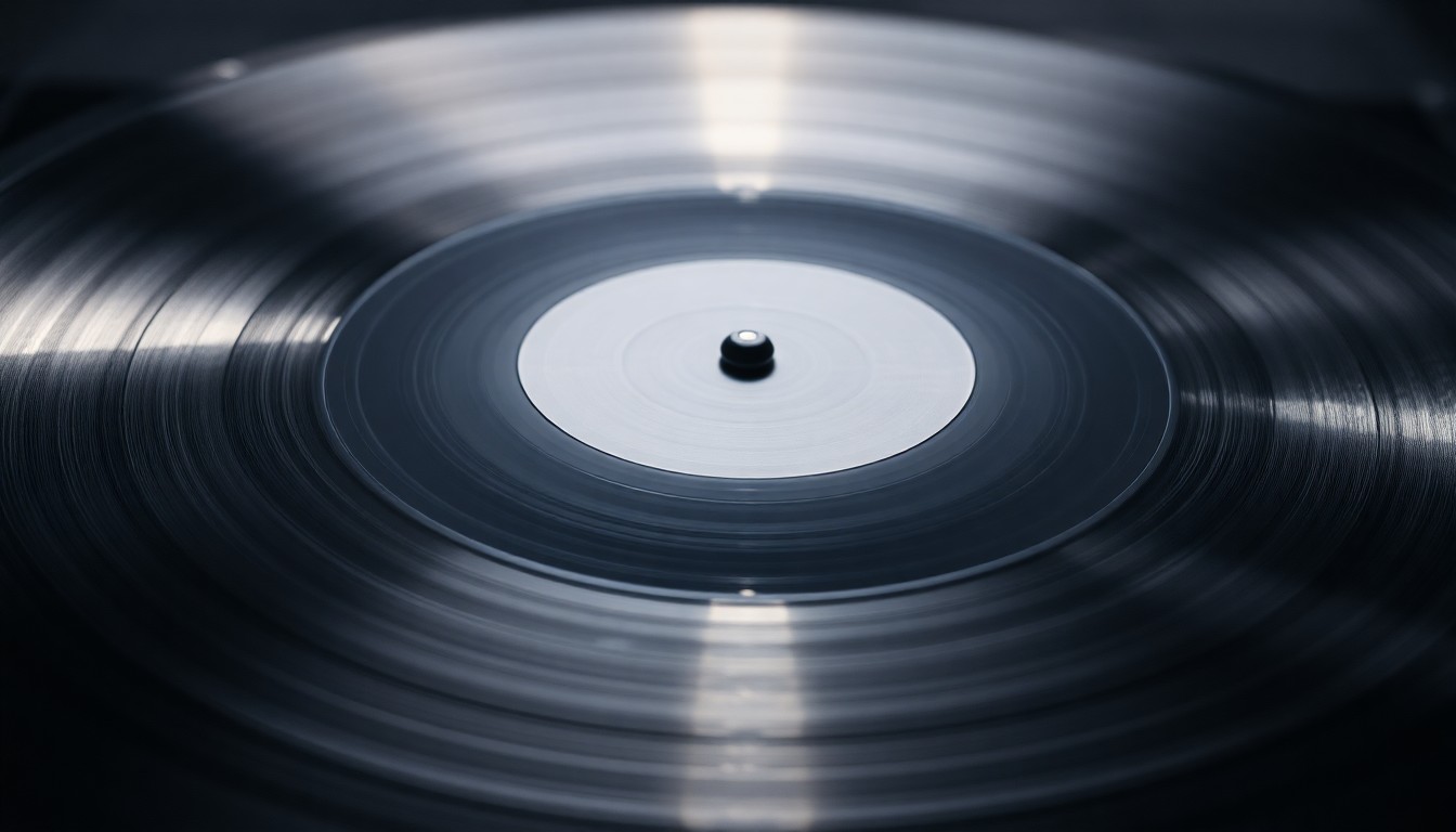 An abstract, high-contrast close-up photograph of the shiny, reflective surface of a vinyl record, capturing the luxurious, tactile quality of the physical music format.