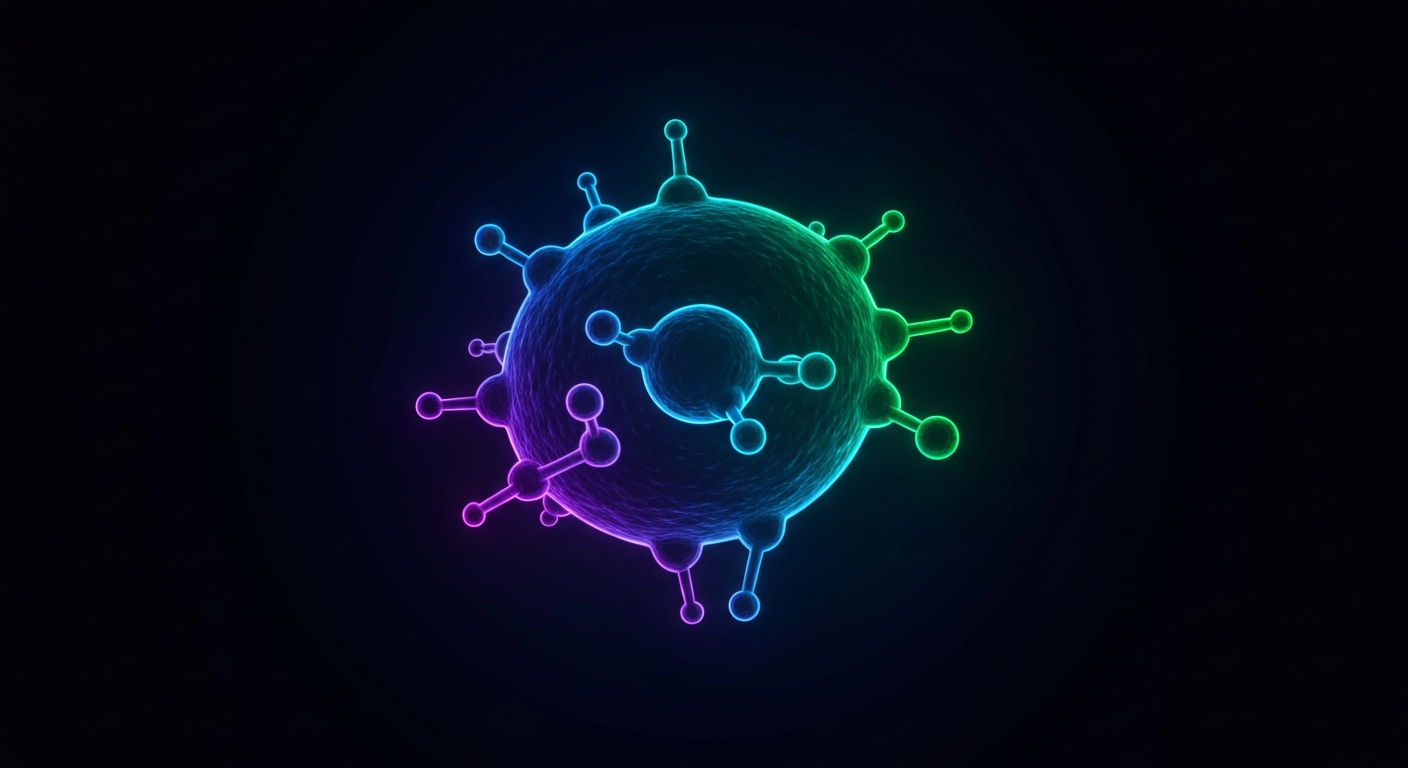 A glowing, neon outline of a complex molecular structure or human cell, representing the advanced biotechnology behind Beauty-Stem Biomedical's new CD34 Signals product.