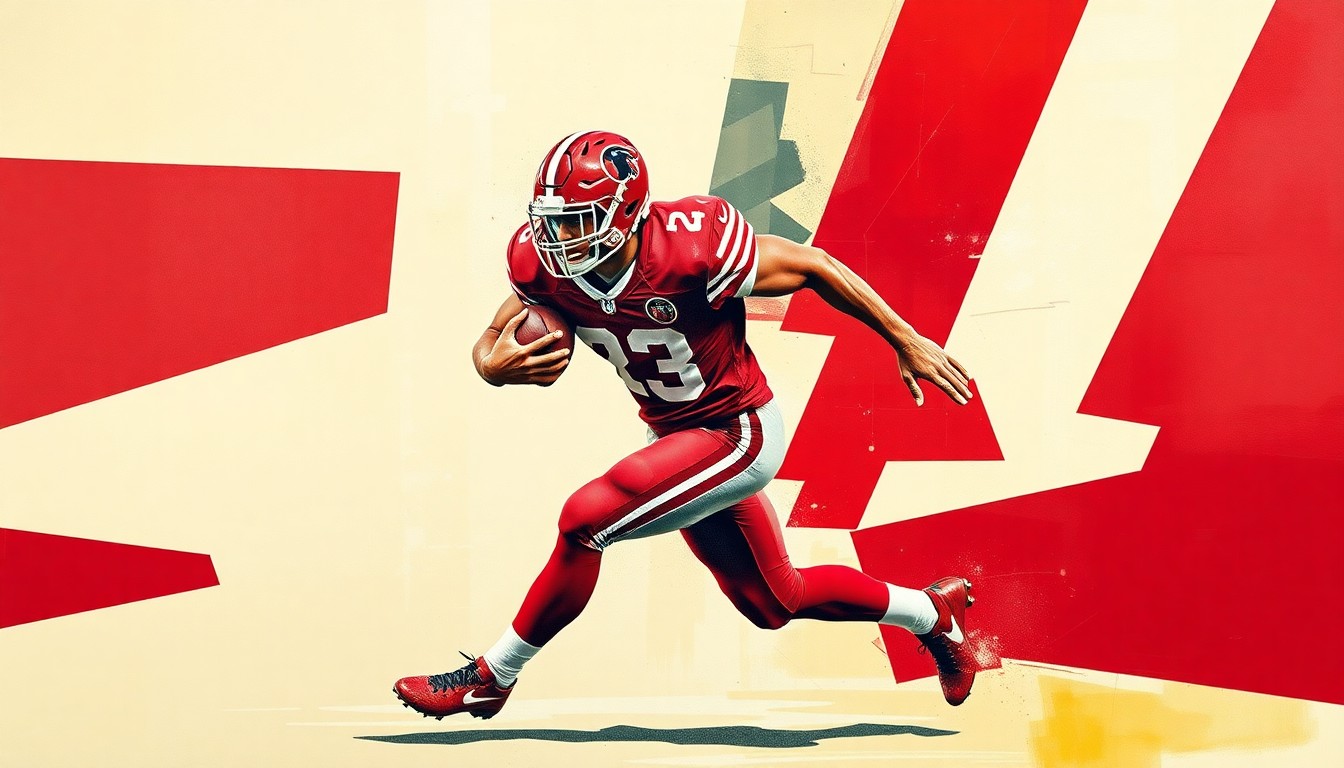 A cubist-style painting depicting a football player in mid-motion, broken down into sharp, overlapping geometric shapes in crimson red and cream, conceptually representing the complex legal challenges facing student-athletes seeking additional playing time.