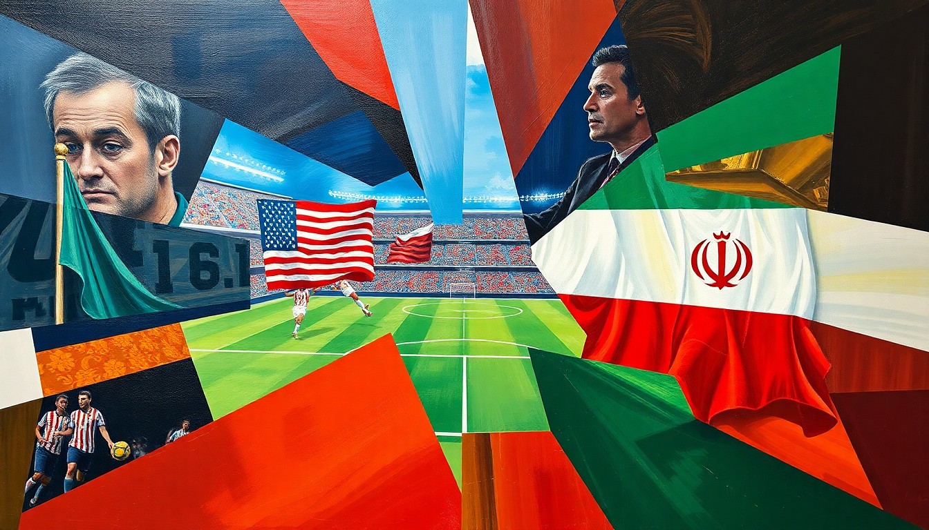 A cubist, geometric painting depicting a soccer match between the United States and Iran, with the players' movements broken down into sharp, overlapping planes of color and shape, conveying the raw energy and intensity of the game.