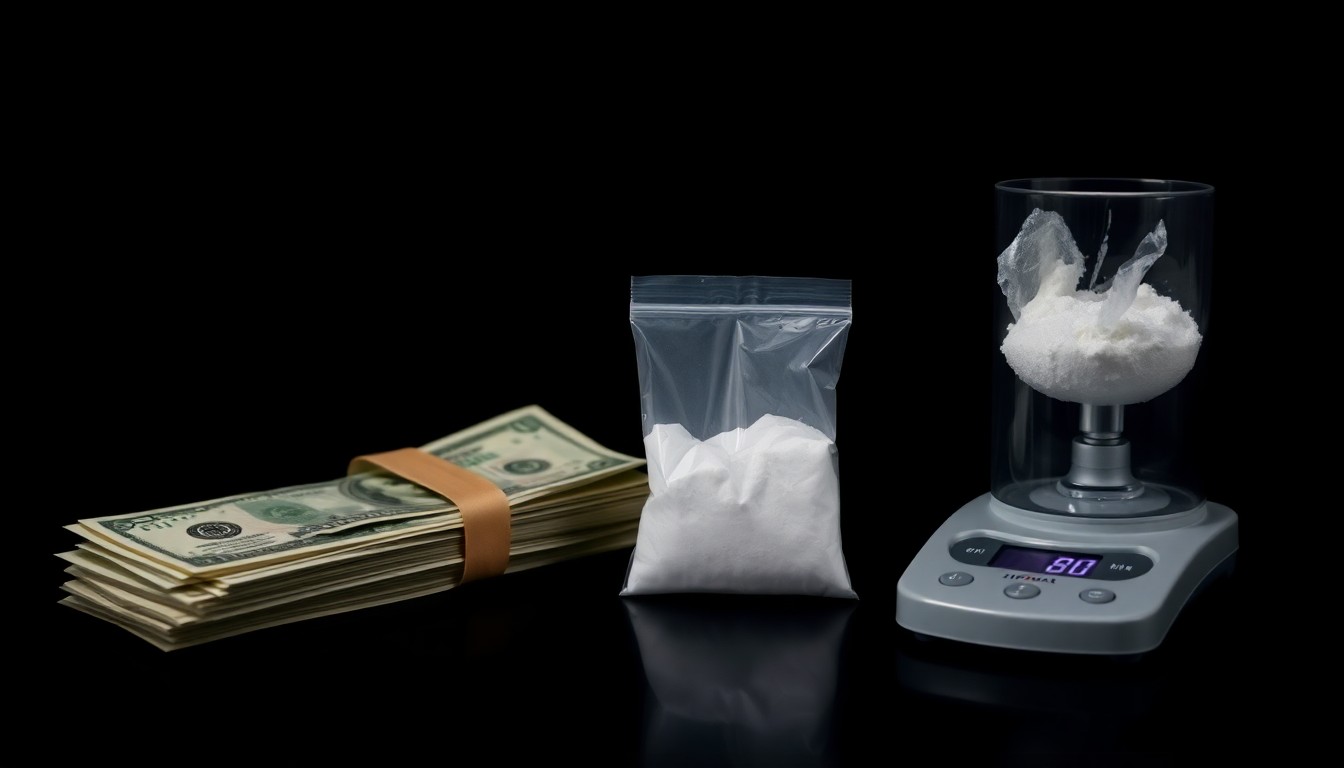 An extreme close-up photograph of a bundle of cash, a small plastic bag containing white powder, and a digital scale against a pitch-black background, lit by a harsh camera flash, conceptually illustrating the physical evidence of a drug trafficking operation.
