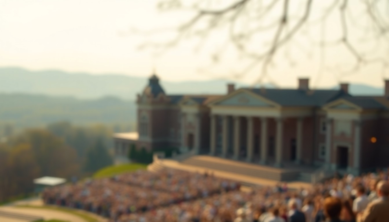 An impressionistic, out-of-focus photograph showing the silhouette of a historic Chautauqua Institution building against a blurred natural landscape, conveying the institution's tranquil, contemplative atmosphere.