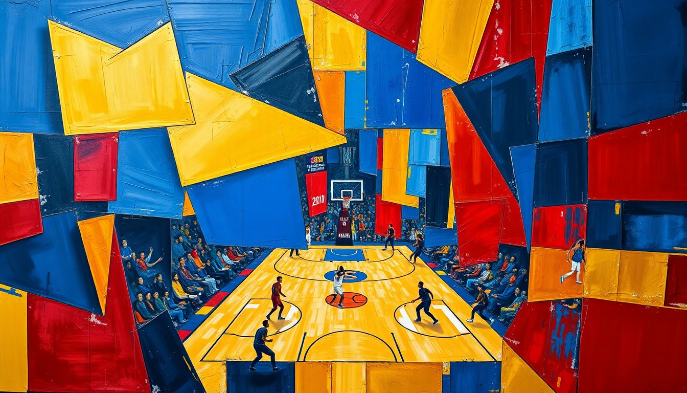 A cubist, geometric painting depicting a basketball game broken down into overlapping planes of blue, gold, and red, conveying the dynamic energy of the sport.