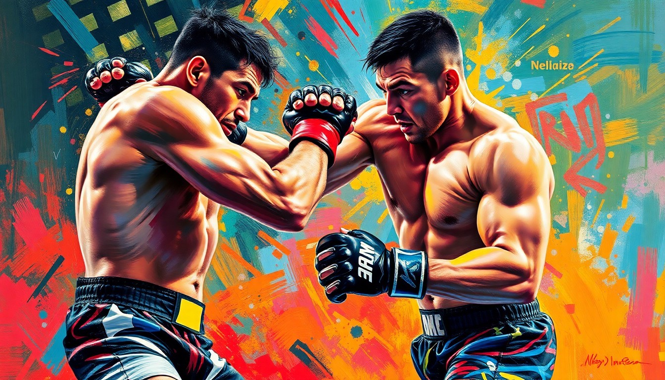 An abstract, energetic painting featuring bold brushstrokes and neon colors that evoke the intensity of an MMA fight, conceptually representing the challenges fighters face in negotiating higher pay from the UFC.