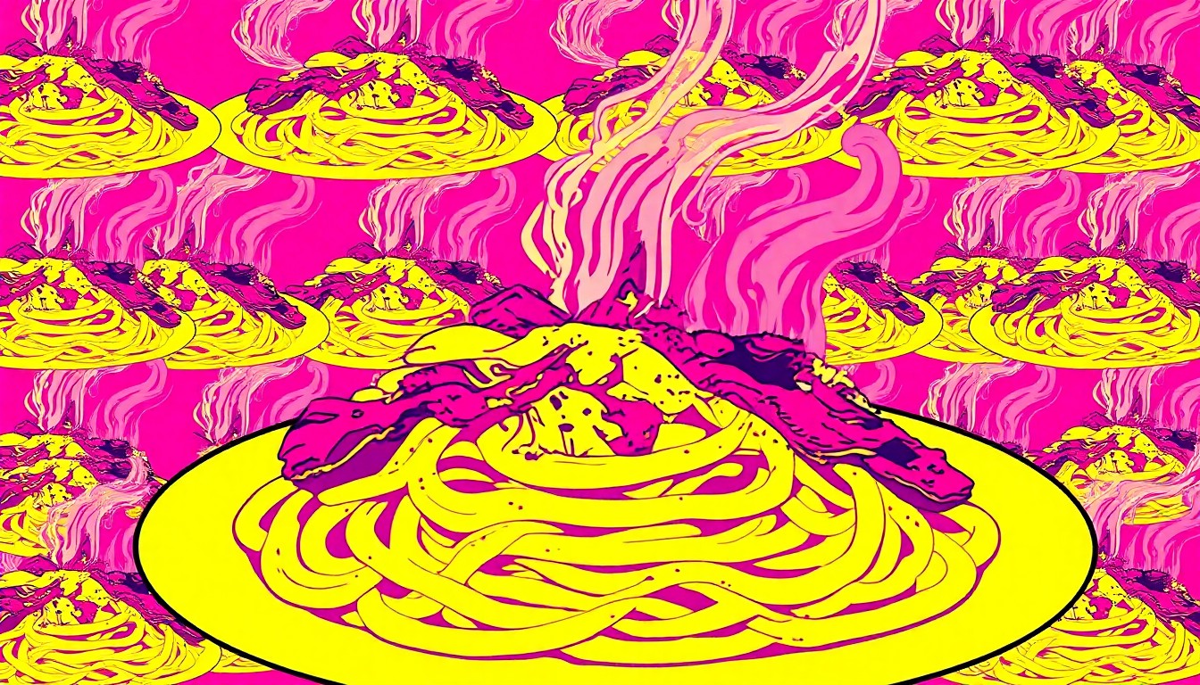 A high-contrast silkscreen print in bright neon colors depicting a repeating grid pattern of a steaming plate of pasta carbonara, the dish's signature egg-cheese sauce and crispy bacon rendered in a bold, abstract style that transforms this everyday Italian meal into modern pop art.