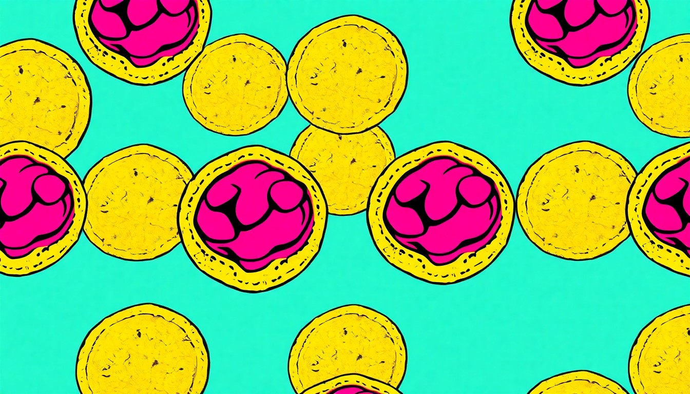 A brightly colored, high-contrast silkscreen print of a single, iconic pupusa repeated in a tight grid pattern, utilizing flat, vibrant, and unnatural neon color palettes overlapping with heavy black photographic outlines to turn this traditional Salvadoran dish into modern pop art.