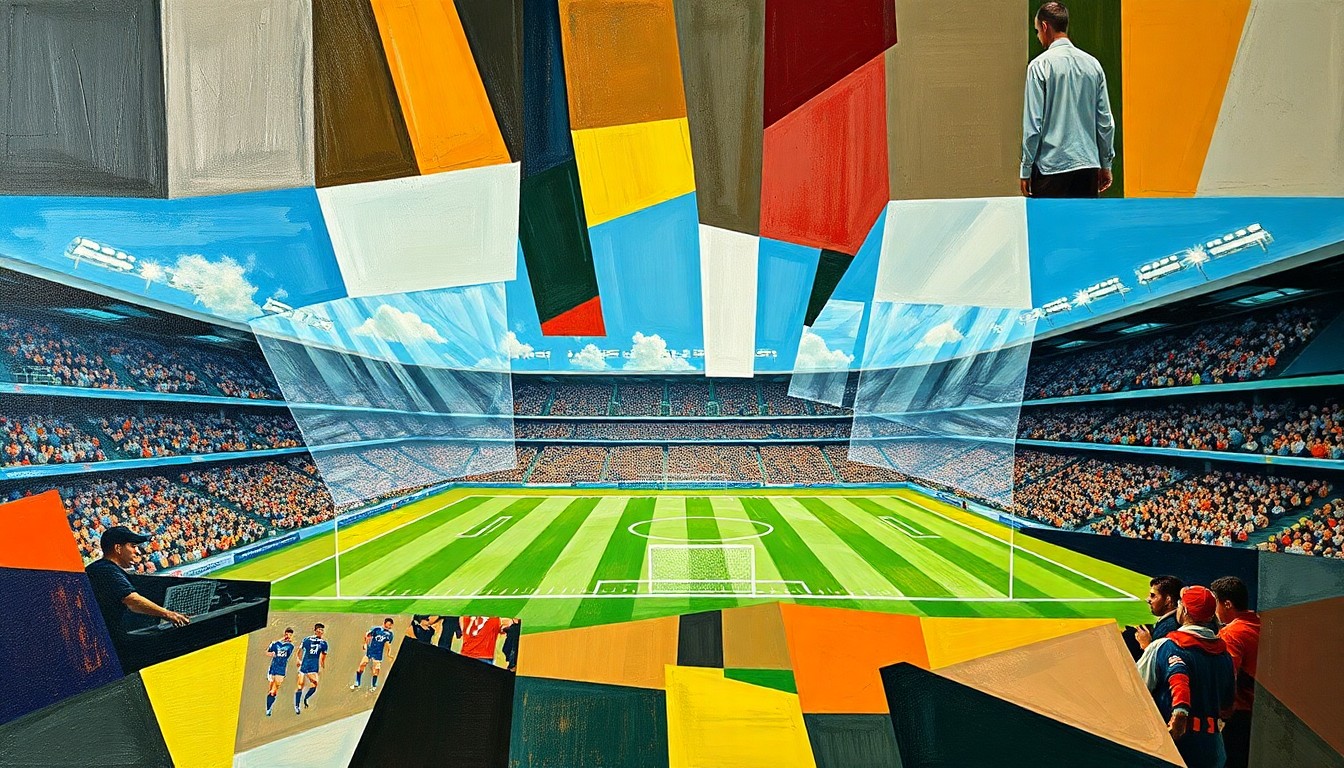 A cubist, geometric painting depicting a fragmented football game, with sharp, overlapping shapes and planes of color representing the dynamic energy and shifting perspectives of the sport.