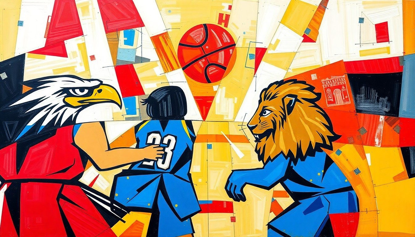 A cubist, geometric painting depicting the action and energy of a high school basketball championship game, with the opposing team's colors and uniforms fractured into overlapping planes of bright, bold hues.
