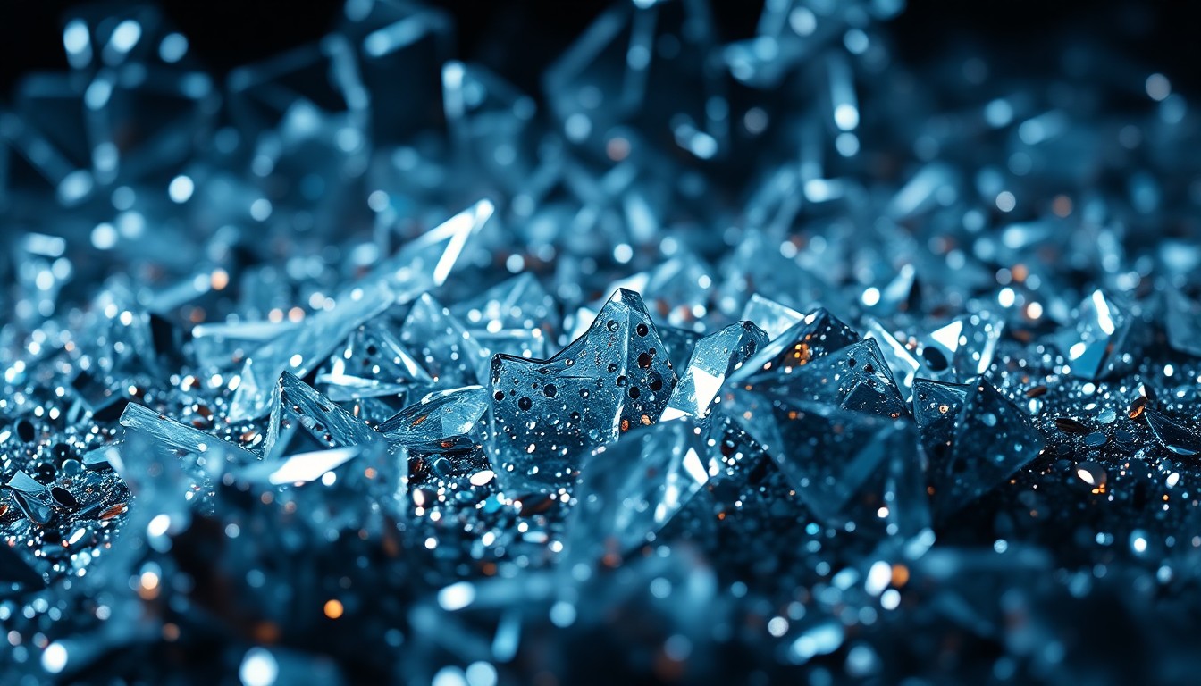 An extreme close-up photograph of shattered glass and glittering sequins in high-contrast studio lighting, conceptually representing the excess and glamour of celebrity culture.