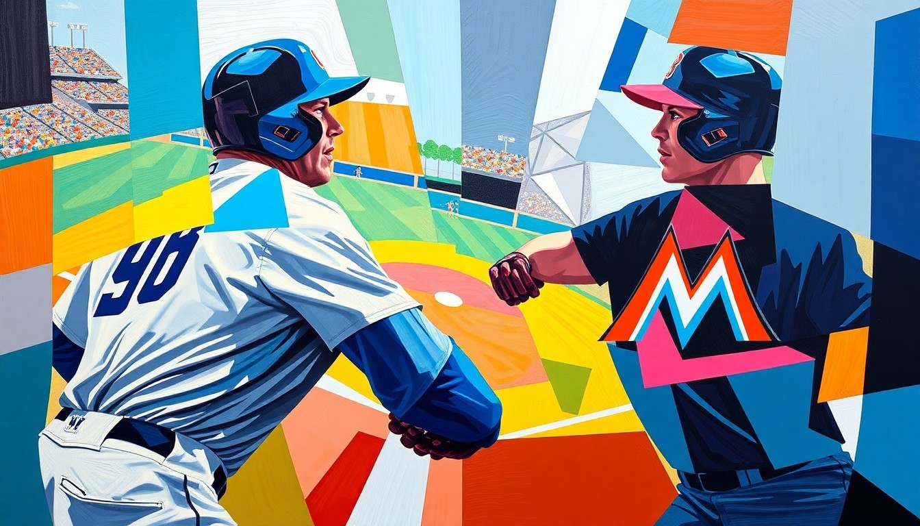 A cubist, geometric painting depicting a baseball game or competition, with sharp, overlapping planes of color representing the players and action on the field.