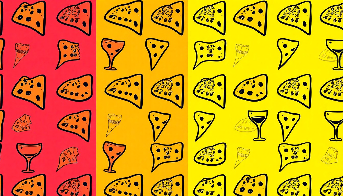A high-contrast, silkscreen-style illustration featuring a repeating pattern of a single iconic Italian food item, such as a slice of pizza or a bowl of pasta, rendered in a bold, neon color palette that captures the energy and diversity of Milwaukee's Italian restaurant landscape.