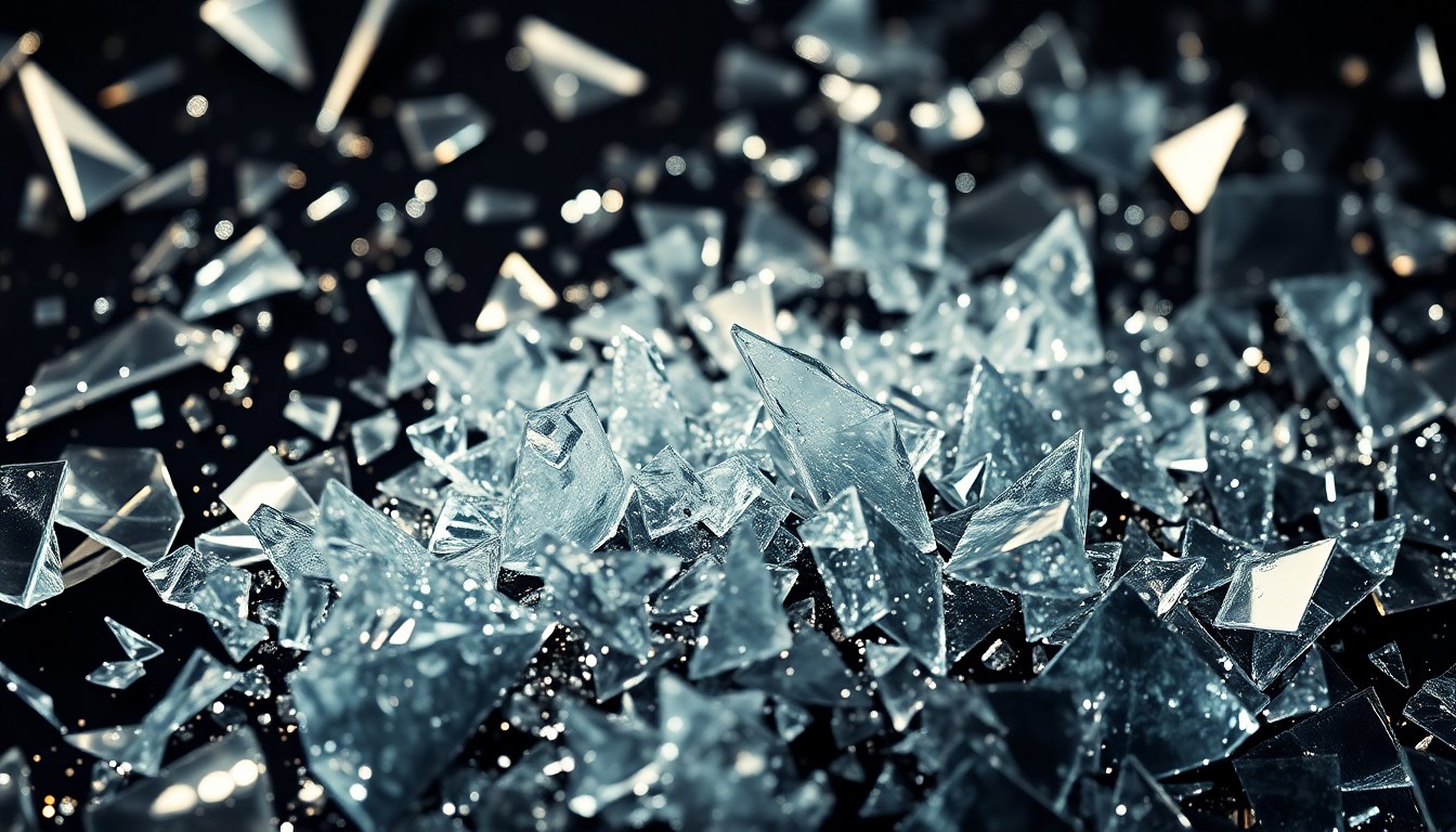 An extreme close-up photograph of shattered glass and glittering shards, capturing the fragmented and uncertain future of the entertainment industry.